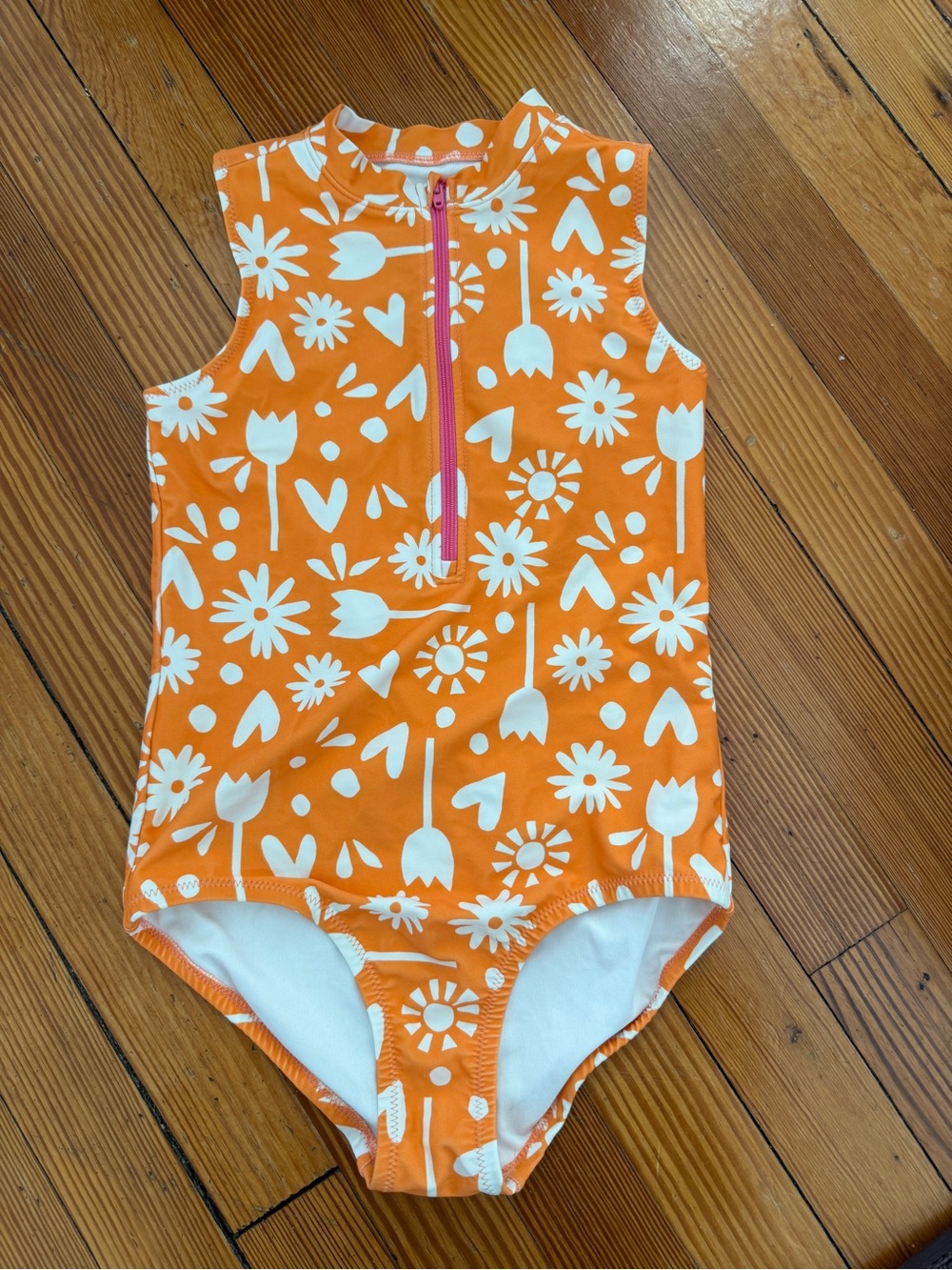 Primary Kids Orange Floral Zip-Front Girls One-Piece Swimsuit